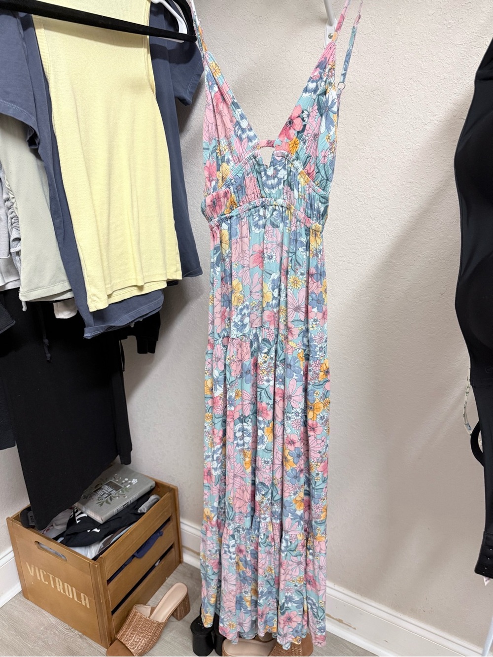 Floral Tiered Maxi Dress in Pastel Pink and Blue
